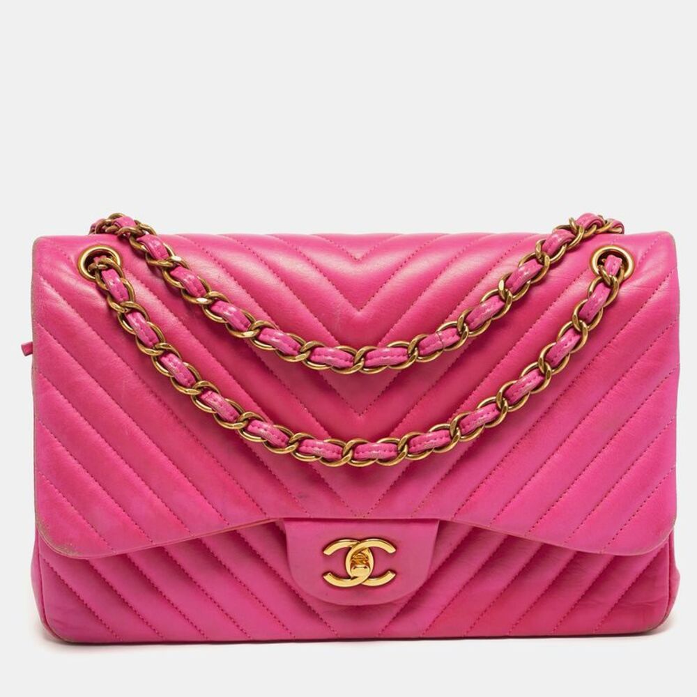 Chanel Classic Double Flap Jumbo Pink Chevron Leather Shoulder Bag